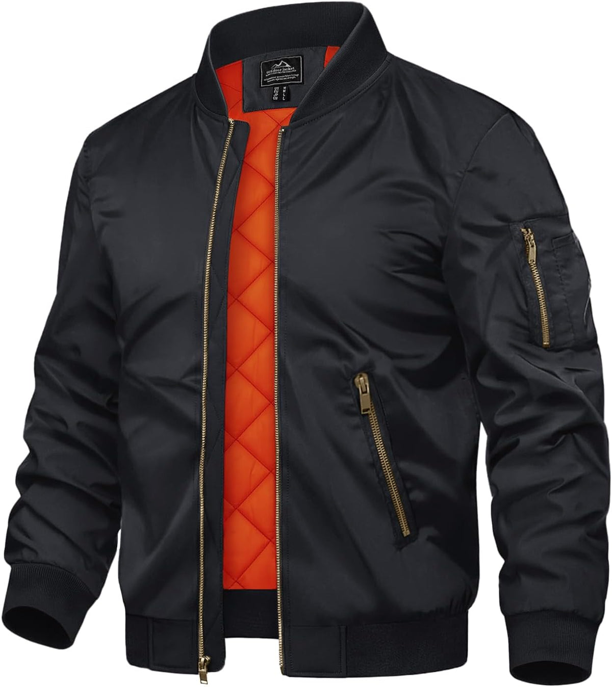 Men’s black padded bomber jacket, full front zip, stand collar, gold zipper pockets.
