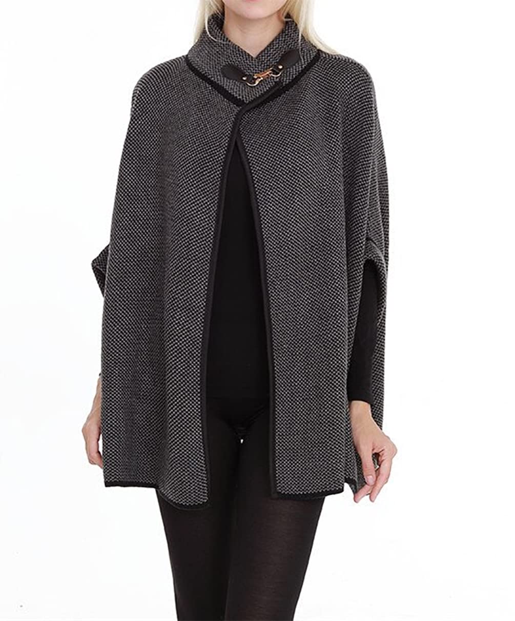 Dark grey knit poncho cardigan with neck buckle and black trim, open front