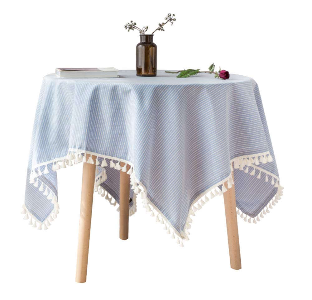 Cotton-blend tablecloth with light blue-and-white stripes and white tassel fringe