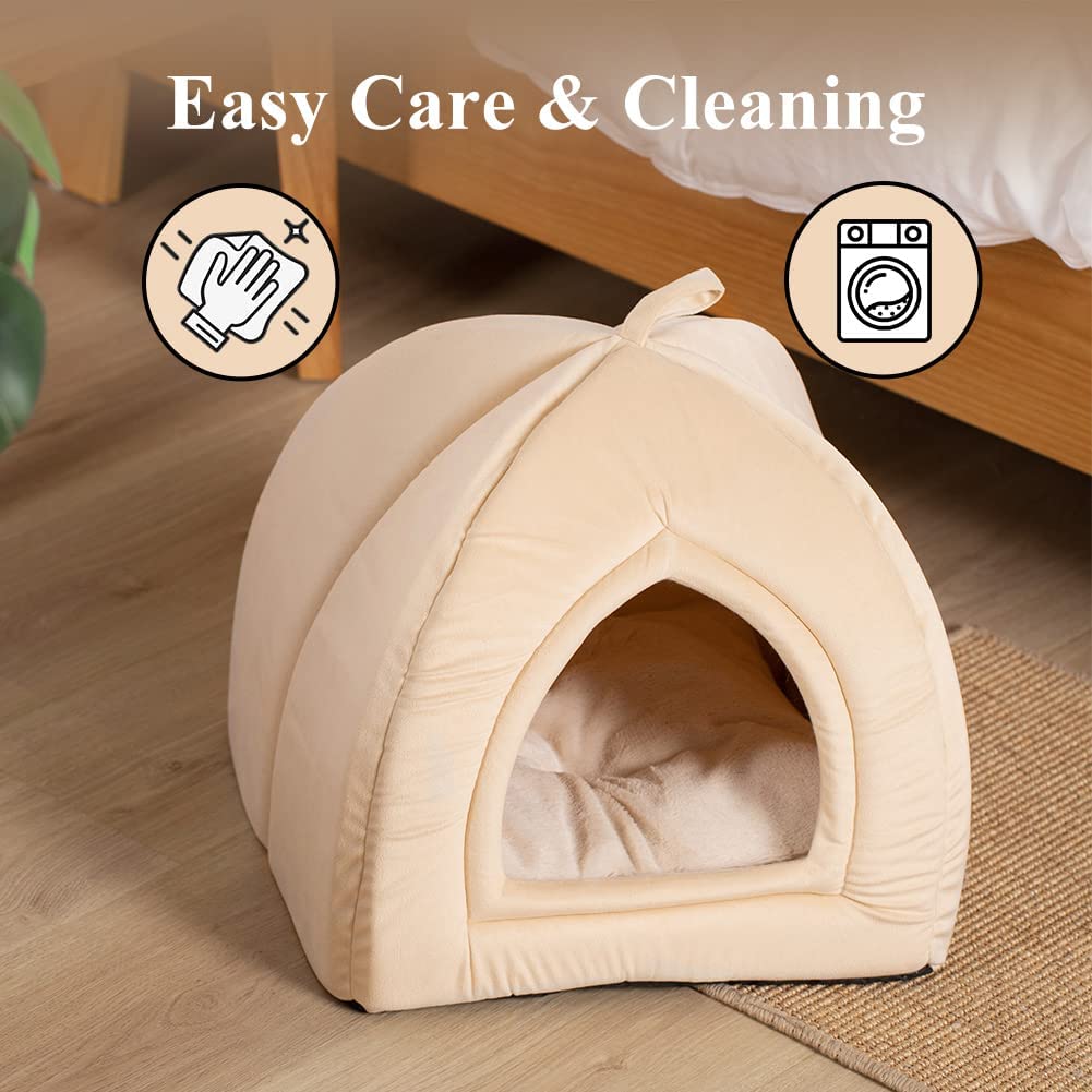 Cream-beige cave-style soft cat bed cushion with front opening and padded base