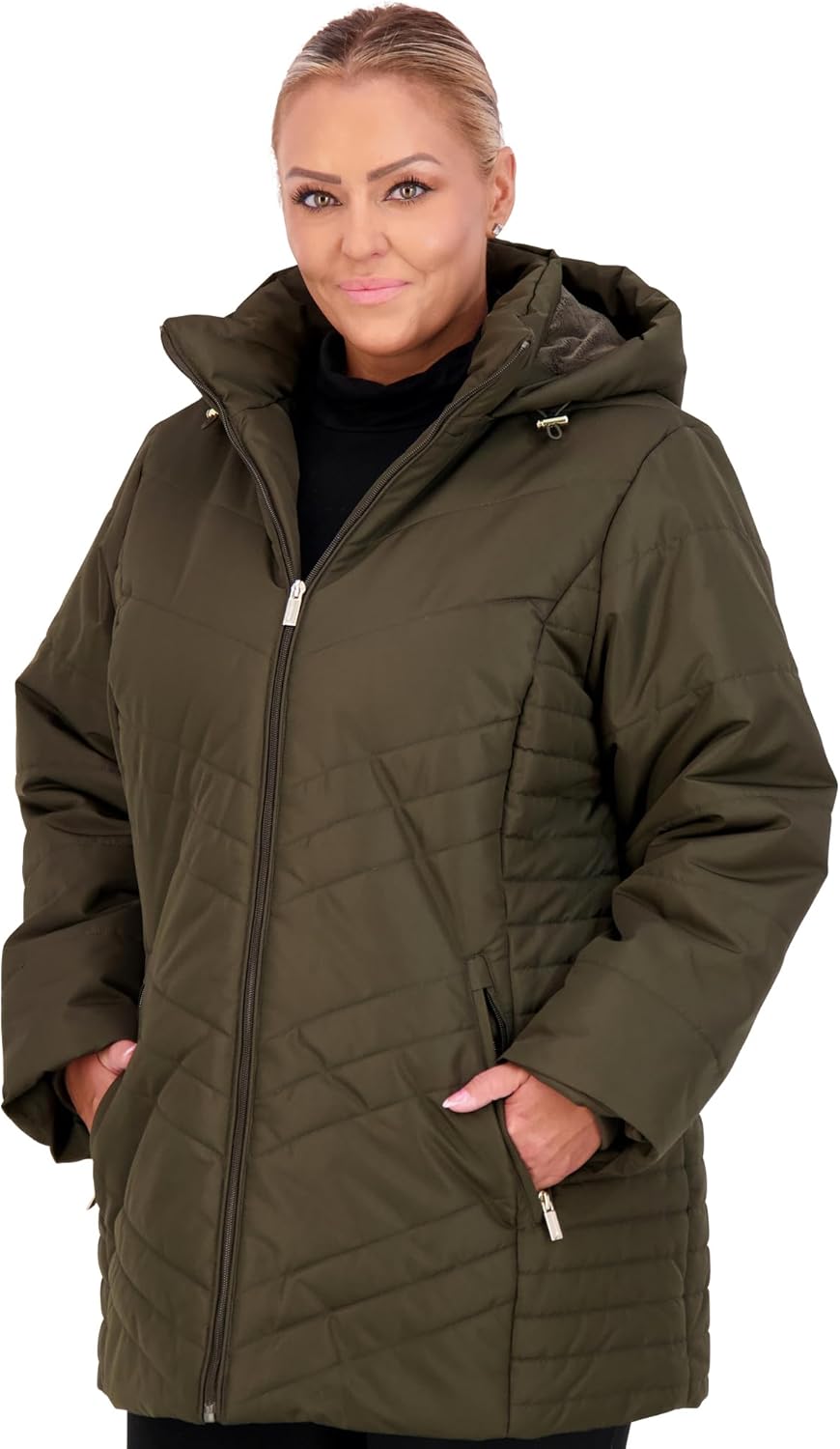 Olive green puffer jacket with full-zip front and hood