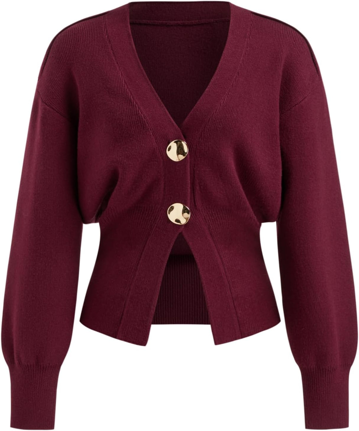 Wine red v-neck open-front cardigan sweater with long sleeves and gold buttons