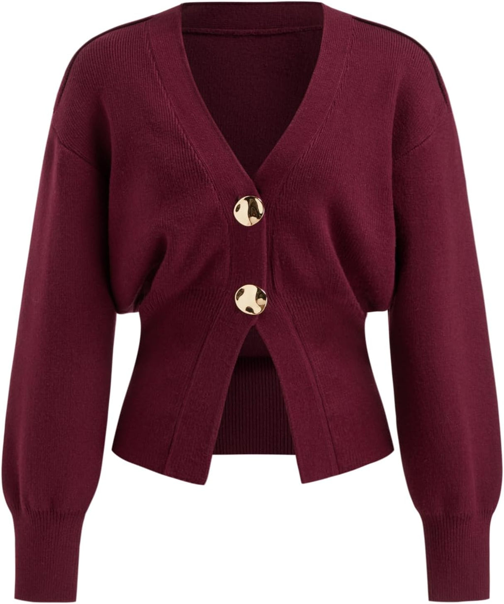 Wine red v-neck open-front cardigan sweater with long sleeves and gold buttons