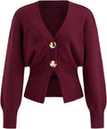 Wine red v-neck open-front cardigan sweater with long sleeves and gold buttons