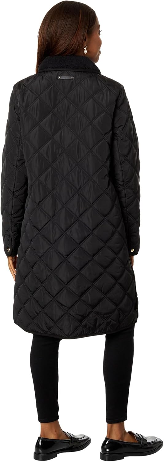 Black quilted 3/4-length jacket with diamond pattern, button front, side pockets
