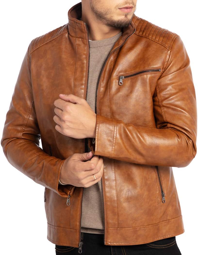 Men's brown stand-collar leather motorcycle jacket with zip front and front side pockets