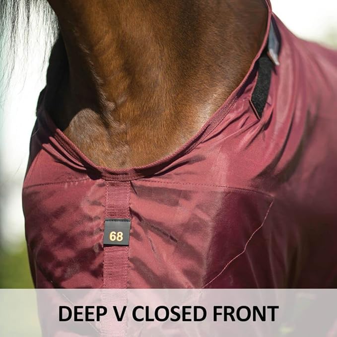 Burgundy horse stable sheet with deep V closed front and adjustable neck strap
