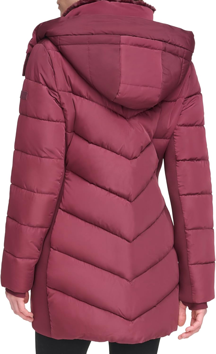 Women’s maroon long puffer jacket back view with hood and quilted chevron panels