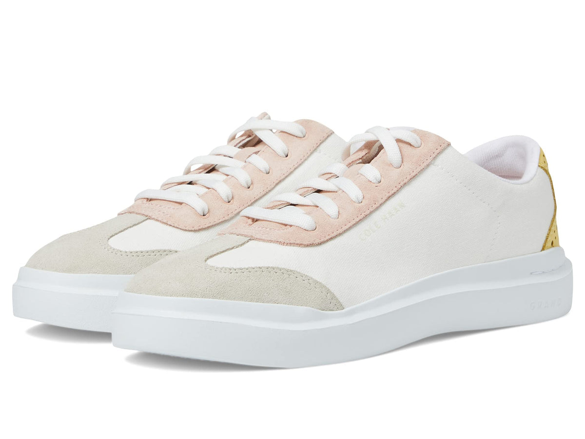 Women's canvas T-toe sneaker in white, pink and tan with lace-up front