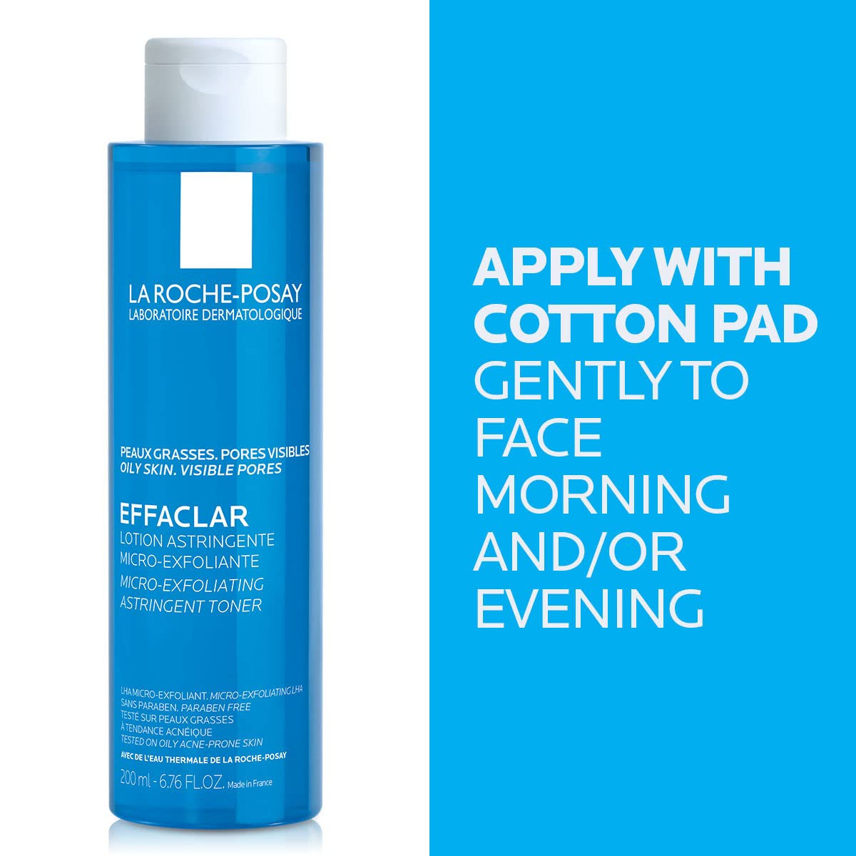 Astringent face toner bottle with blue liquid and white cap.