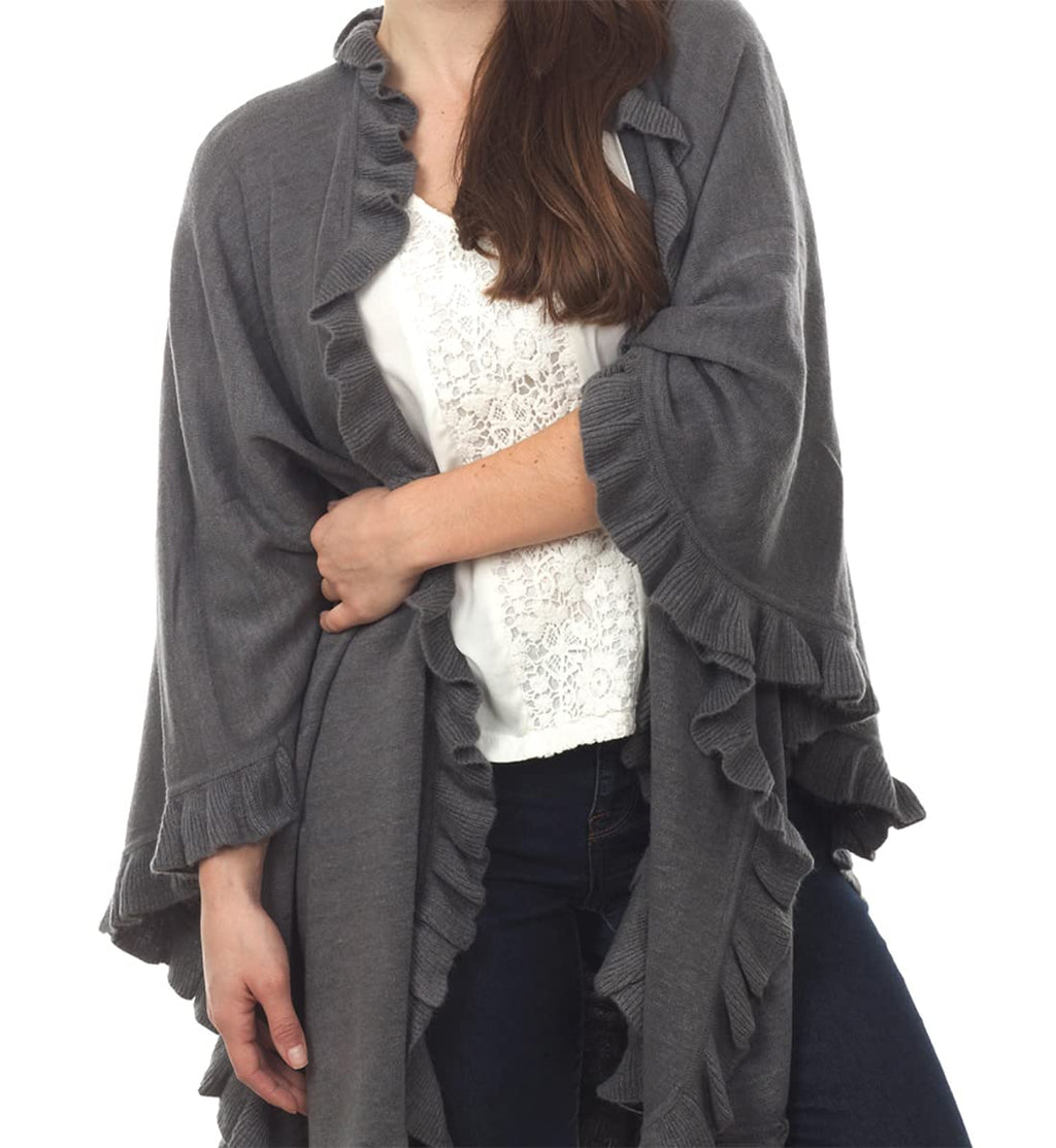 Gray knit poncho cape with open front and ruffled trim detailing along edges