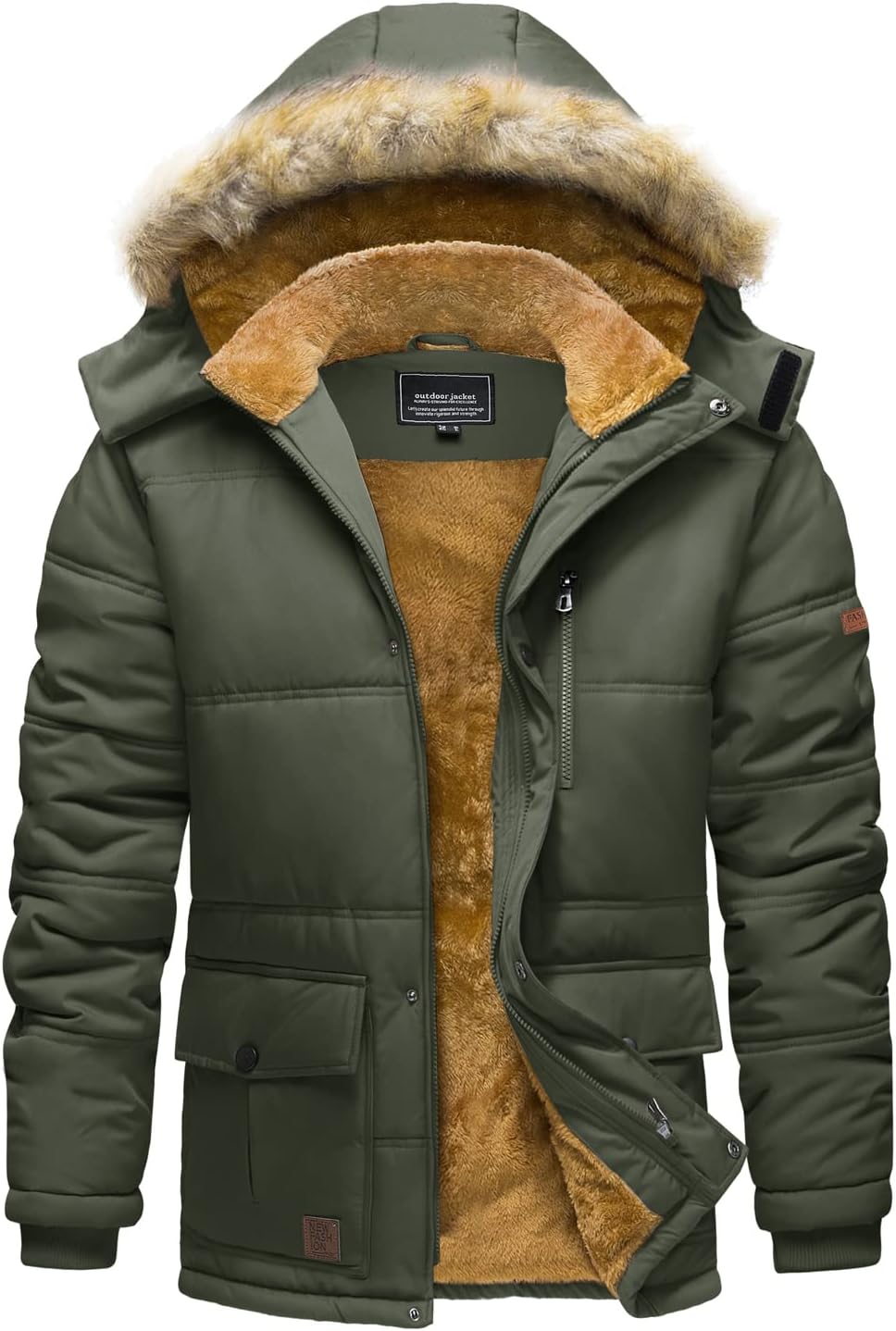 Men's winter parka jacket in dark green with fur-trimmed hood and sherpa lining