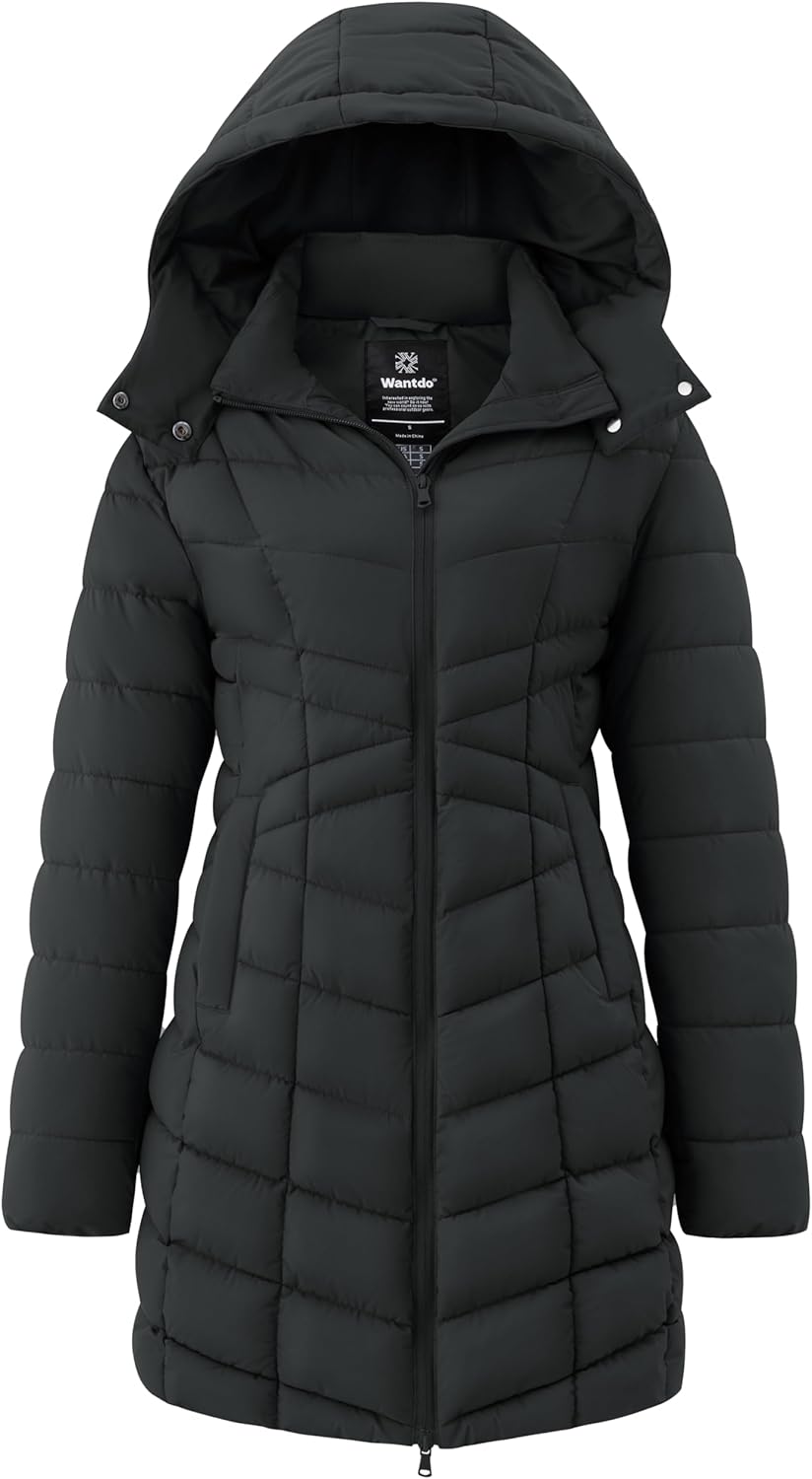 Women's long black quilted puffer jacket with hood and front zipper