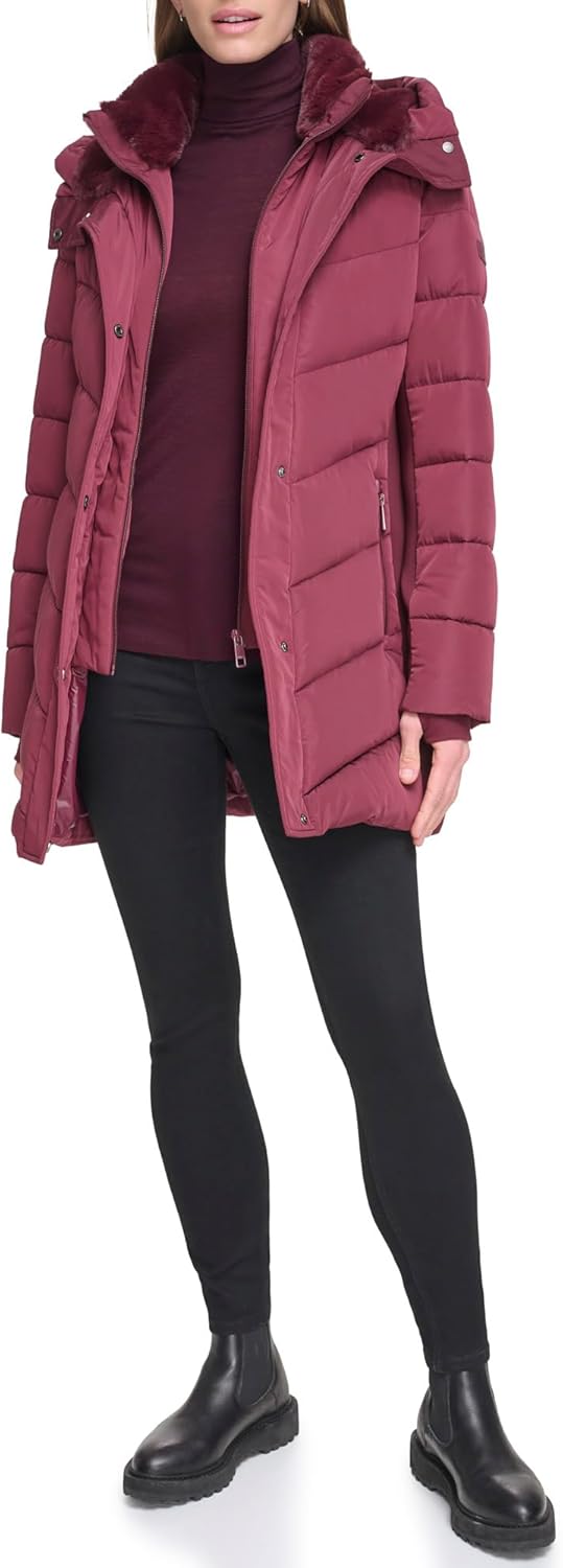 Women’s maroon long puffer jacket with hood, bib-front, and zip-front closure