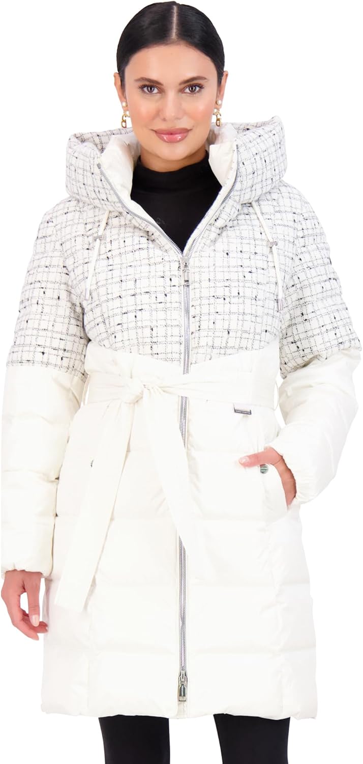 Cream hooded puffer jacket with removable belt, zip front, textured knit hood