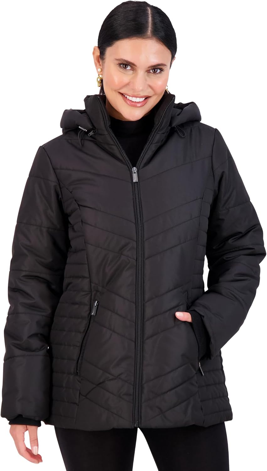 Women’s black puffer jacket with full-zip front and adjustable bungee-hood