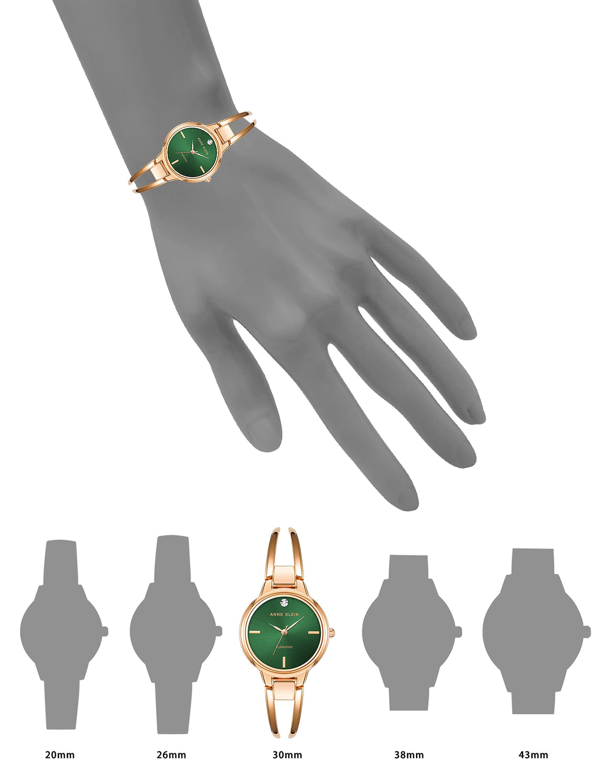 Women’s rose gold diamond accent quartz watch with green dial on wrist