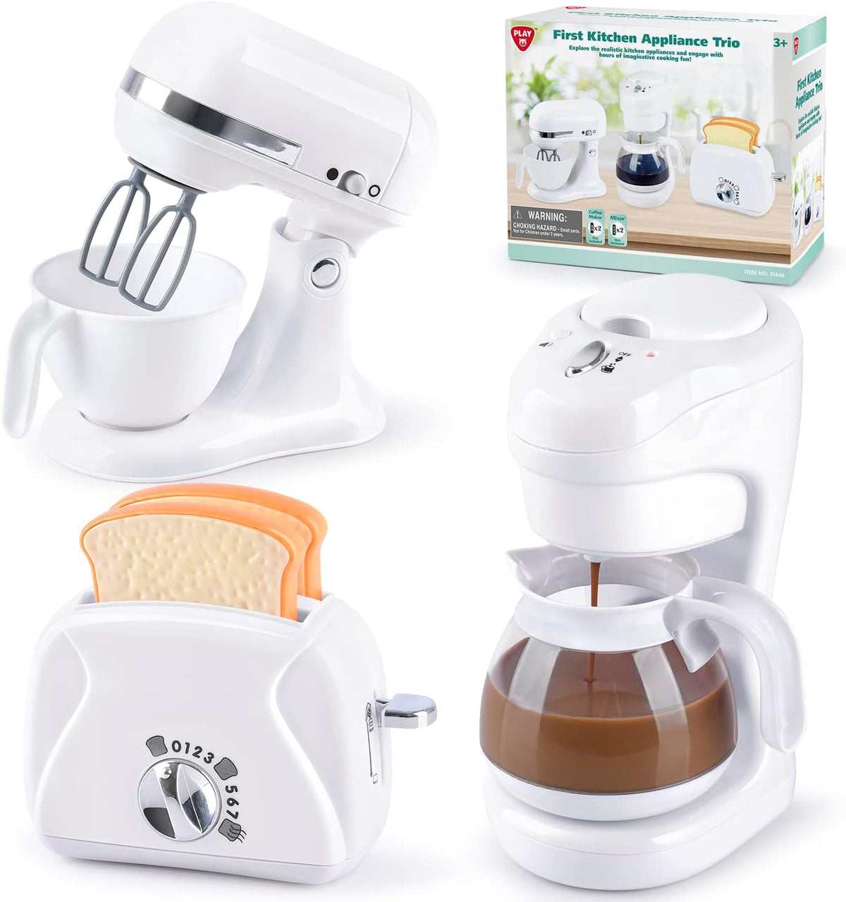 White kids kitchen appliance trio: stand mixer, coffee maker, and toaster