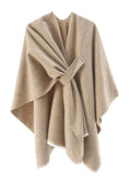 Beige women's open-front fringe poncho shawl with knot tie at the front