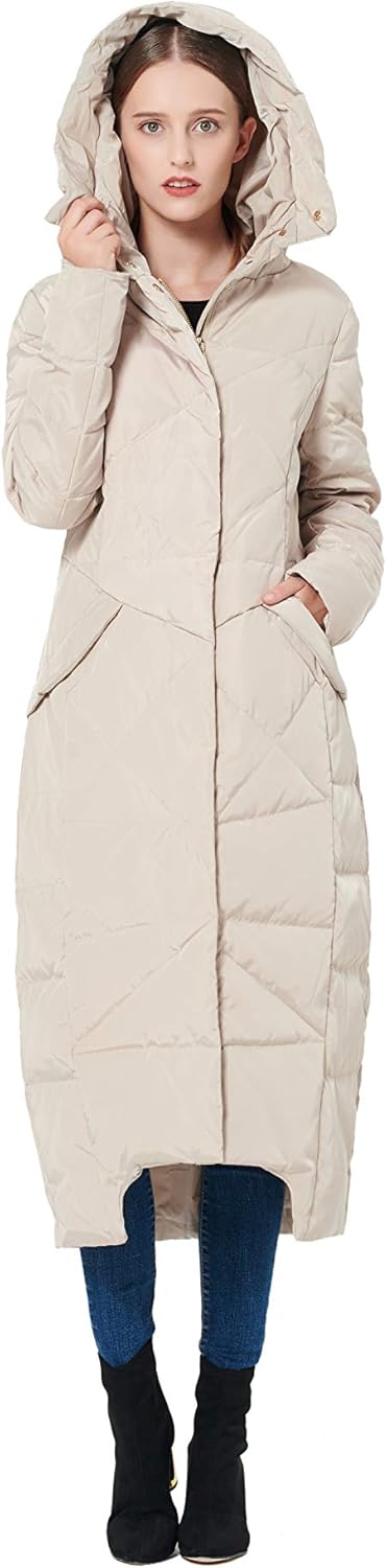 Women’s beige long hooded puffer down coat with front button closure and quilted design