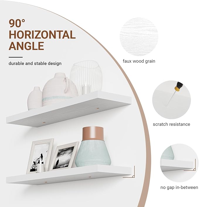 White floating shelf with faux wood-grain look and scratch-resistant finish