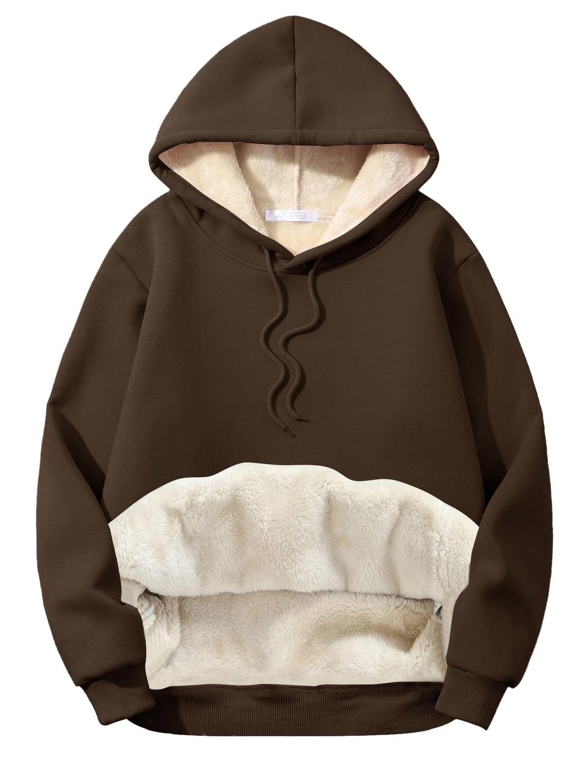 Flygo sherpa-lined fleece hoodie, brown with drawstring hood and Sherpa hem