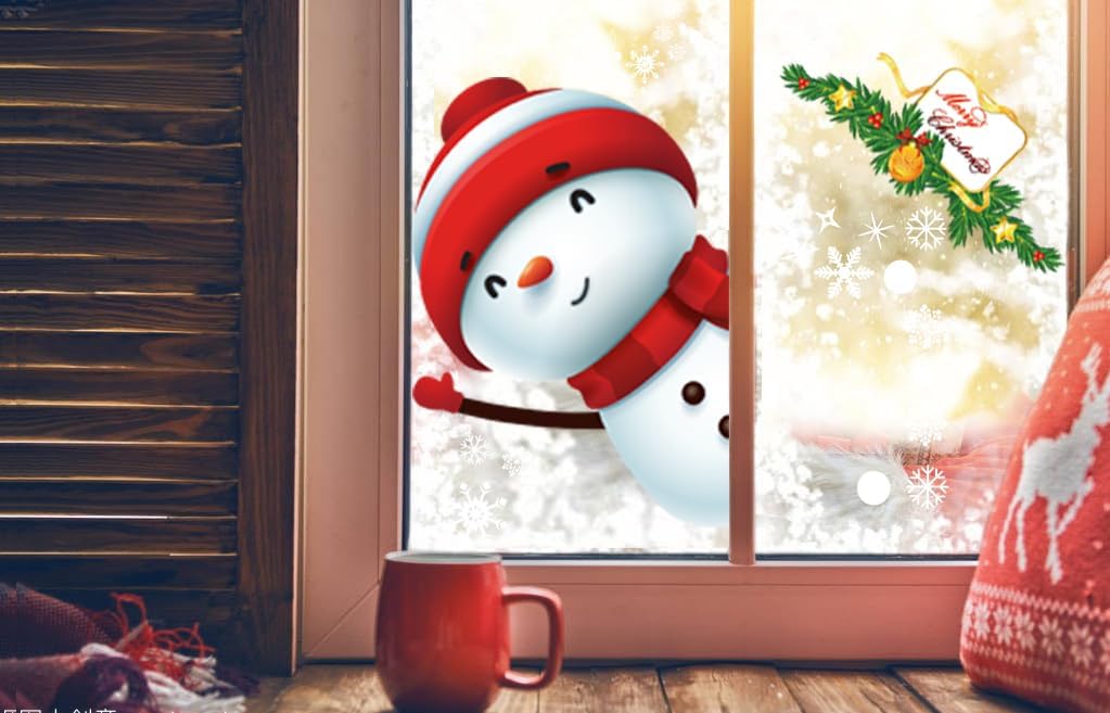 Christmas window stickers with smiling snowman Santa face and scattered snowflakes