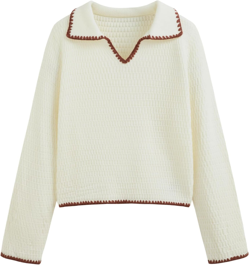 Beige knit sweater with V-neck collar and long sleeves, contrast brown trim