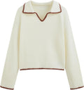 Beige long-sleeve V-neck knit sweater with contrast collar and brown trim