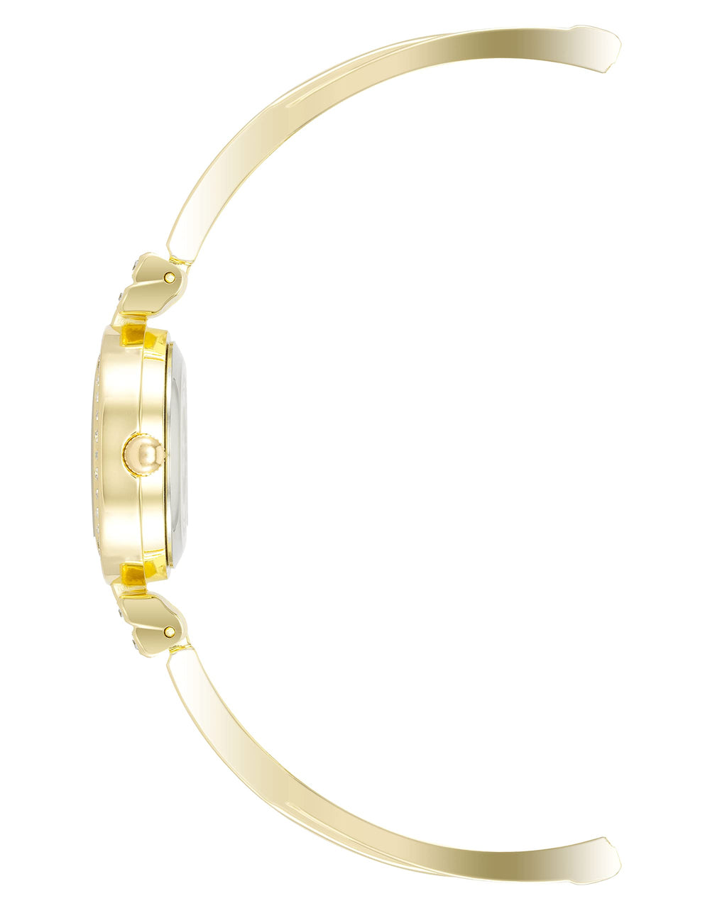 Gold-tone bangle watch bracelet with connected links, open curved view