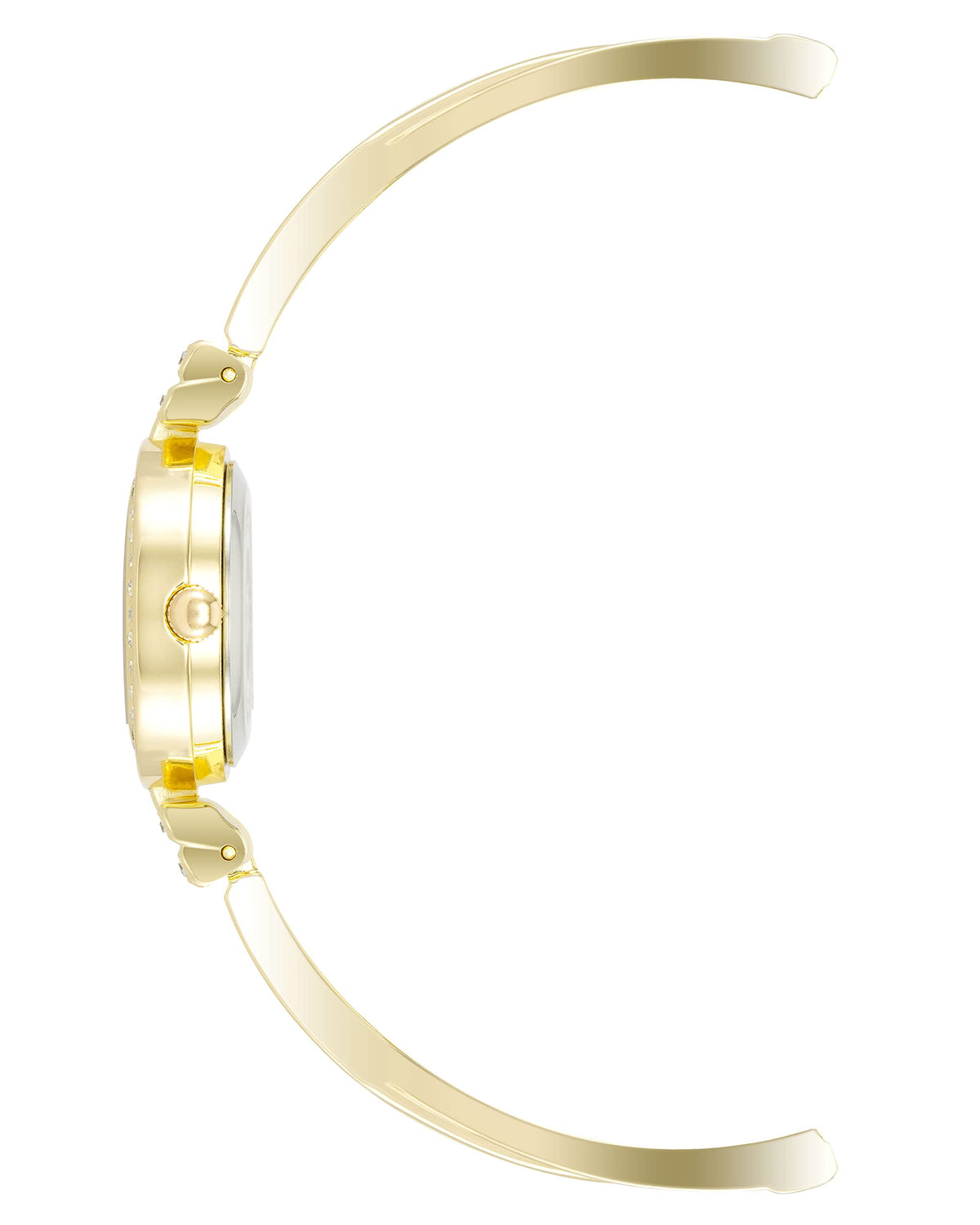 Gold-tone bangle watch bracelet with connected links, open curved view