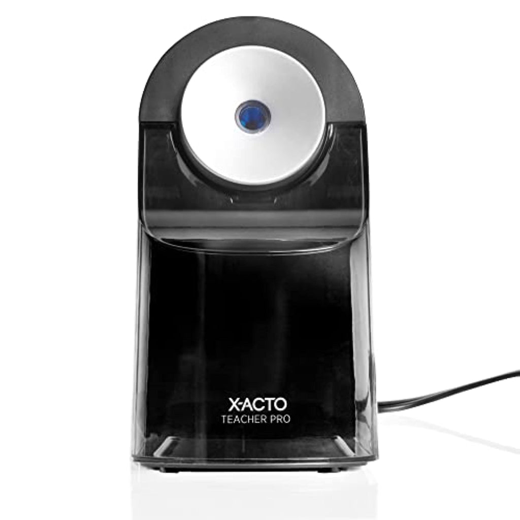 Front view of black X-ACTO Teacher Pro electric pencil sharpener with circular silver dial.