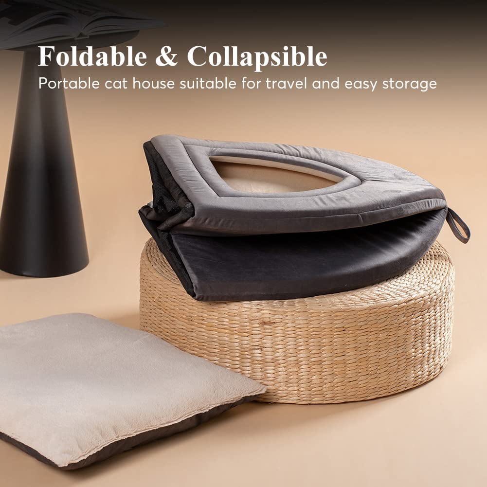 Gray foldable cat bed cushion with arched opening and included flat cushion
