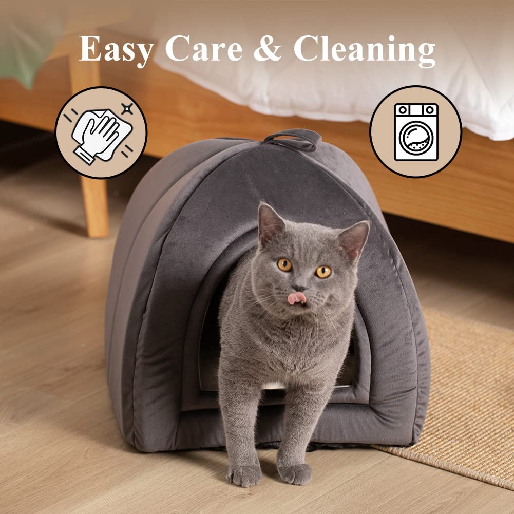 Dark gray cave-style soft cat bed cushion with front opening and tab