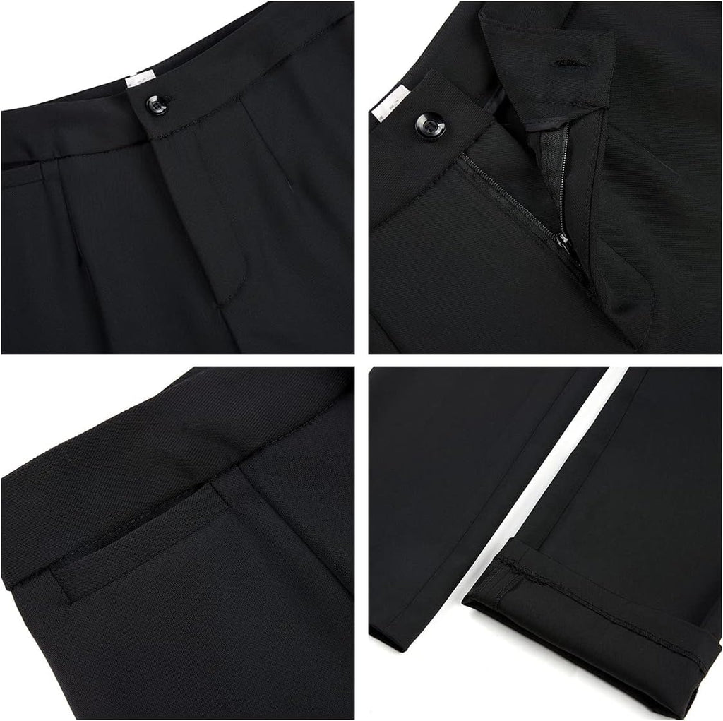 Women's black pants and blazer detail: belt loops, button, zipper fly, hems