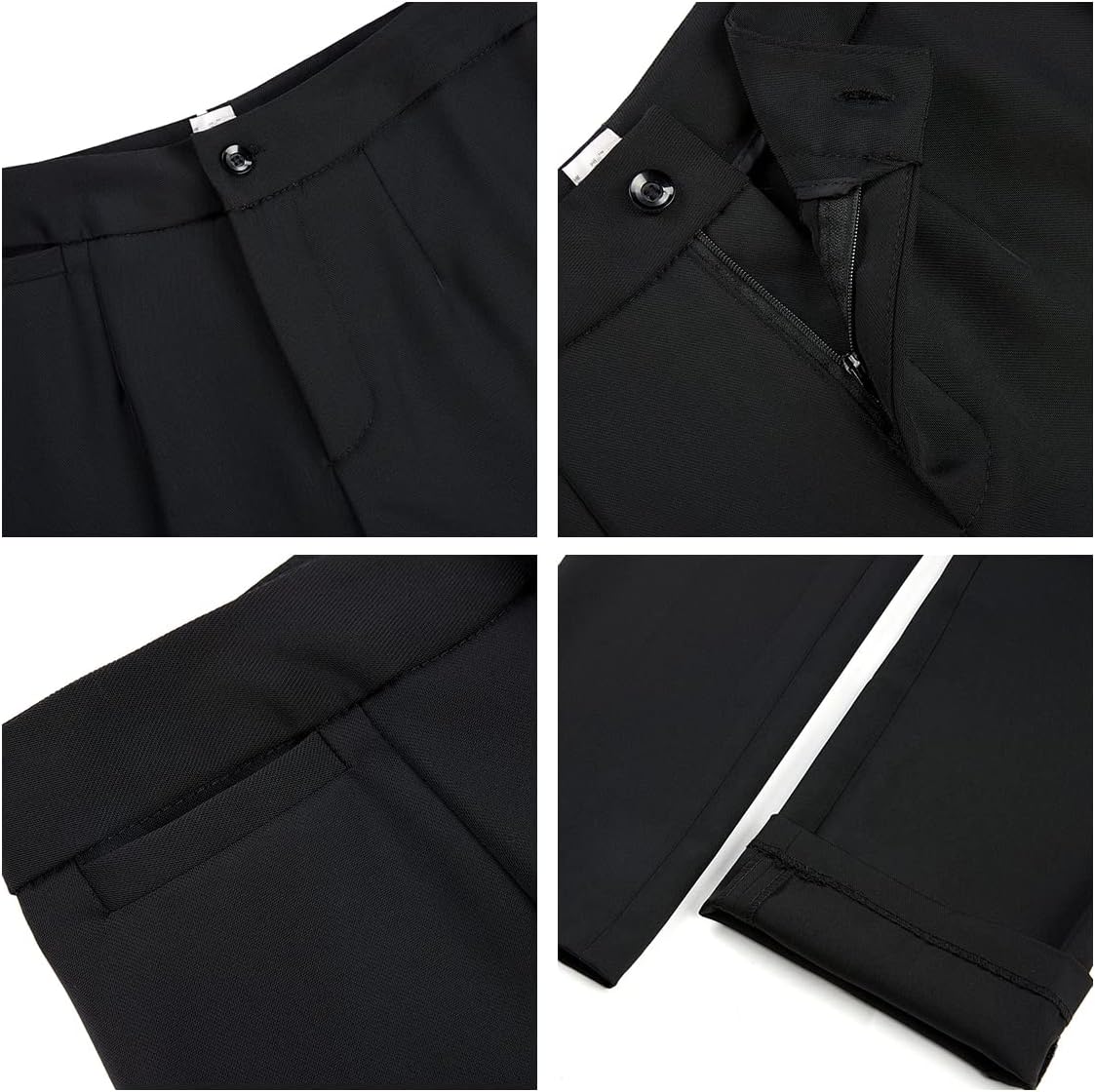 Women's black pants and blazer detail: belt loops, button, zipper fly, hems