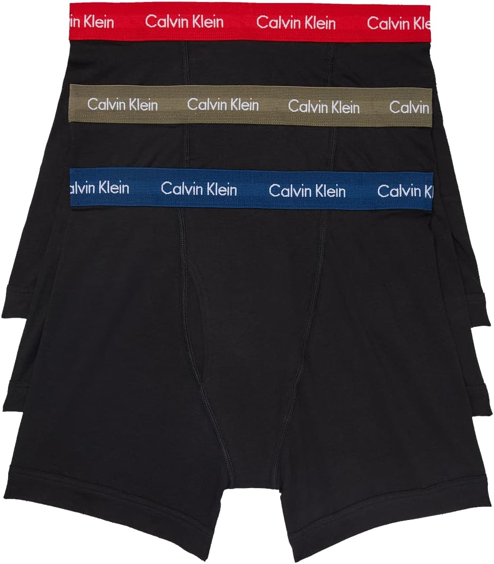 Men's cotton stretch boxer briefs 3-pack, black with red and blue logo waistbands