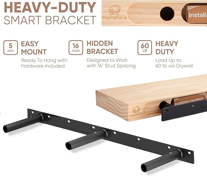 Black heavy-duty floating shelf brackets with mounting hardware for wooden shelf