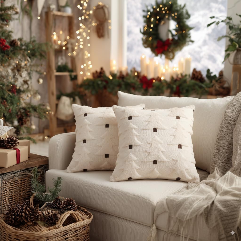 White Christmas pillow cover with black square house details and textured plush surface