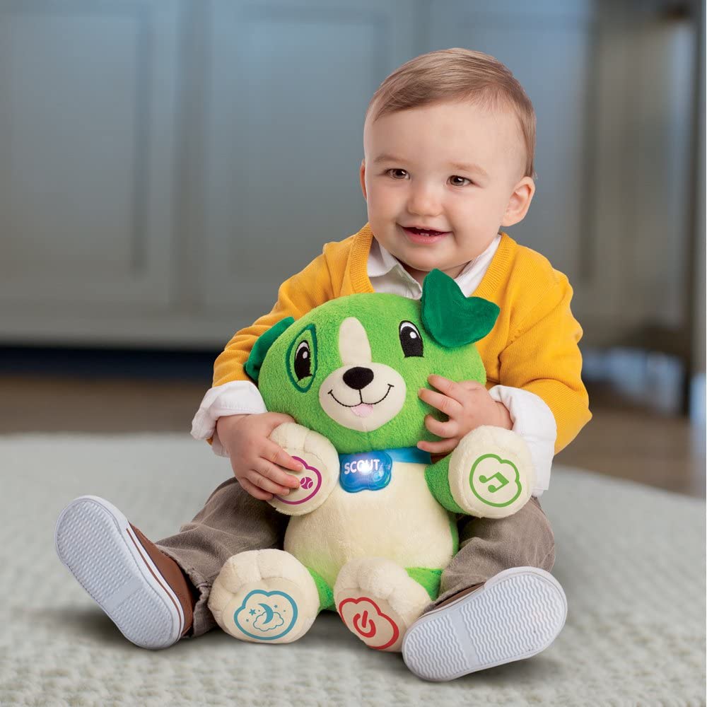 Plush green baby bear song learner toy with smiling face and music button paws