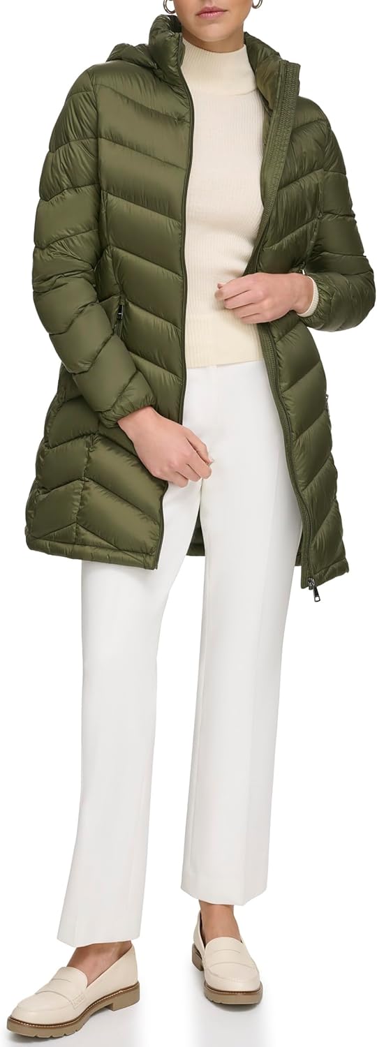 Women's long puffer jacket in olive green with hood, full-zip front, and side zip pockets