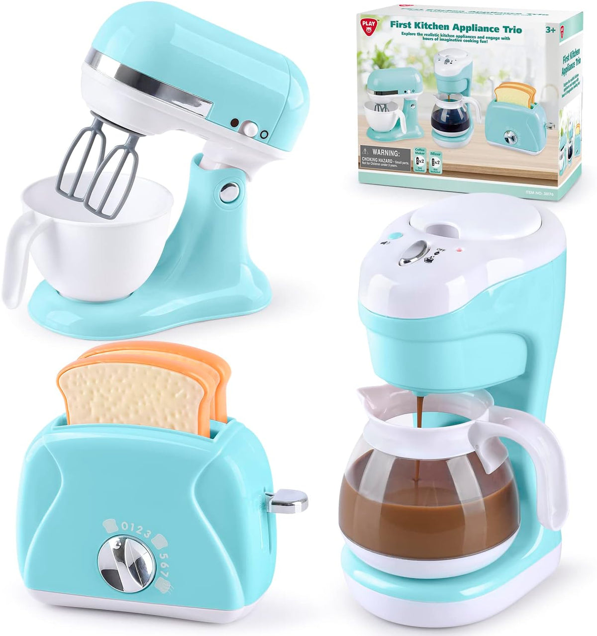 Light blue toy kitchen appliance play set with mixer, toaster and coffee brewer