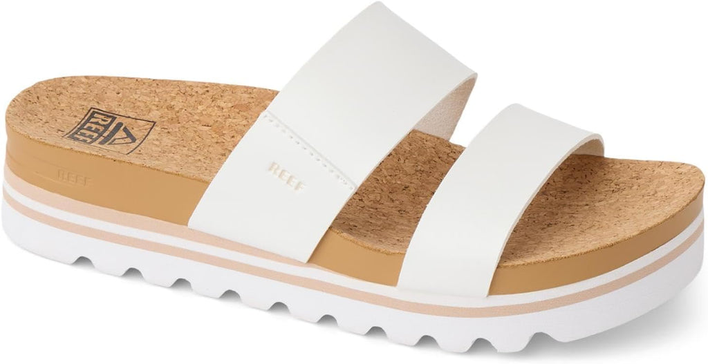 Women's white two-strap platform sandal with cushioned footbed and striped midsole