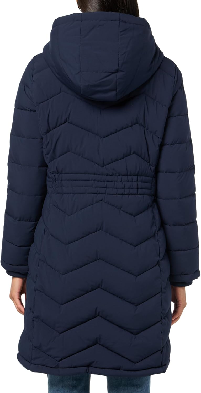 Calvin Klein women’s long navy chevron puffer jacket back view with hood and full-length quilting