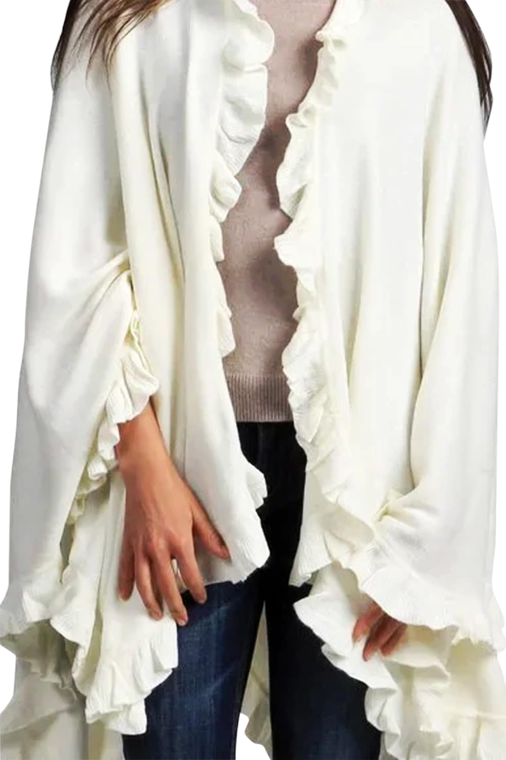 Ivory knit open-front poncho cape with ruffle trim and draped sleeves