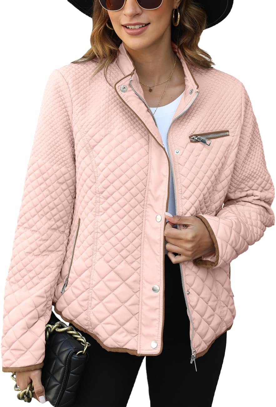 Light pink quilted puffer jacket with stand collar, front snap buttons, zip pocket