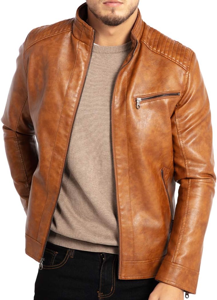Men's brown stand-collar leather motorcycle jacket with zip front and chest zipper pocket