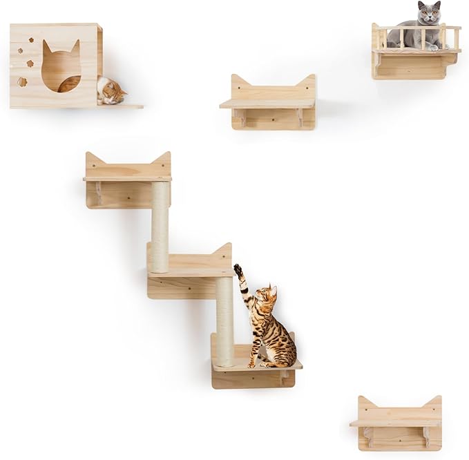 Wall-mounted cat shelf set with wooden platforms and sisal-wrapped scratching posts
