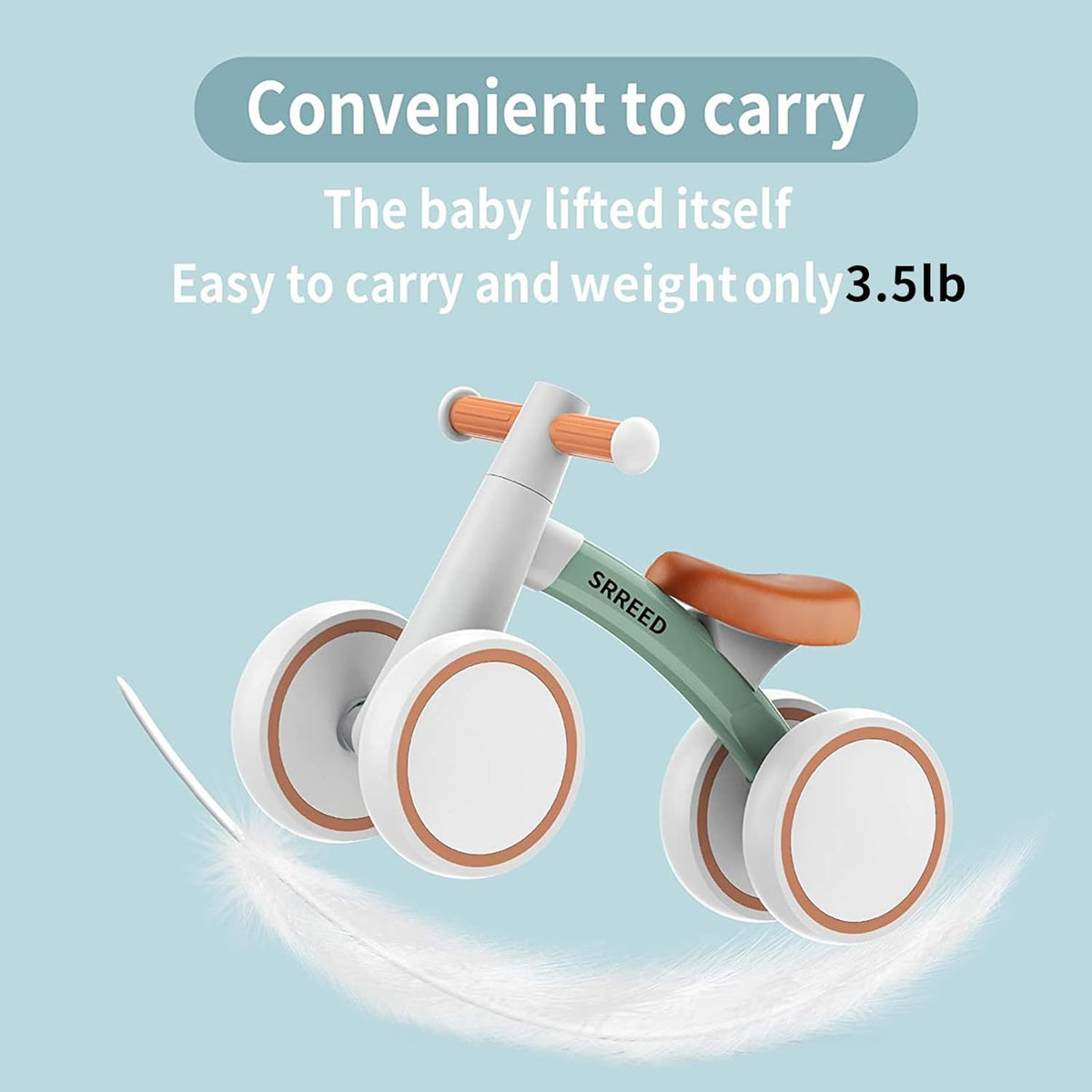 Green and white toddler balance bike with orange seat, 4 wheels, and wood-look grips