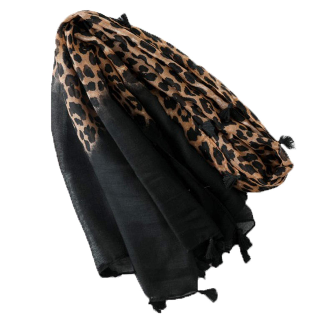Leopard print lightweight scarf with black drape and tan pattern, tassel trim